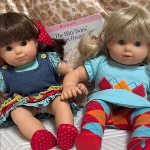 American Girl Bitty Twins in Blue and Red Outfits